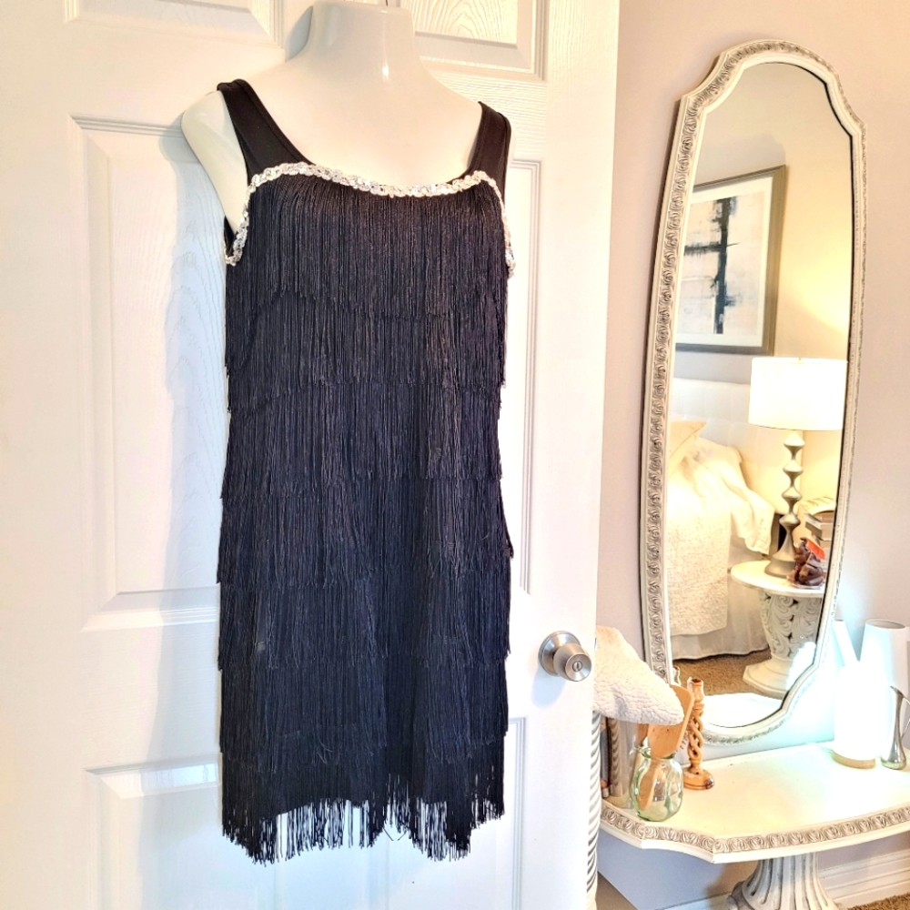 Tiered Fringe fancy scoop neck Dress Can Be Flapper Or Western, Black Sz Large